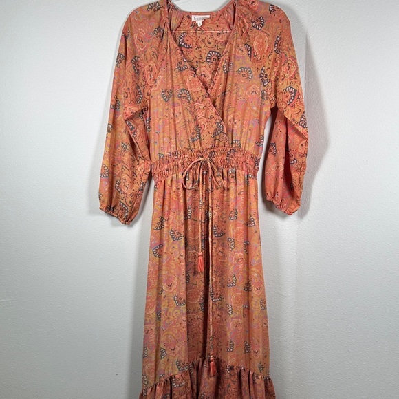Anthropologie Boemo Coral Pink Tiered Maxi Dress Long Sleeve Boho Size S - Picture 2 of 12
